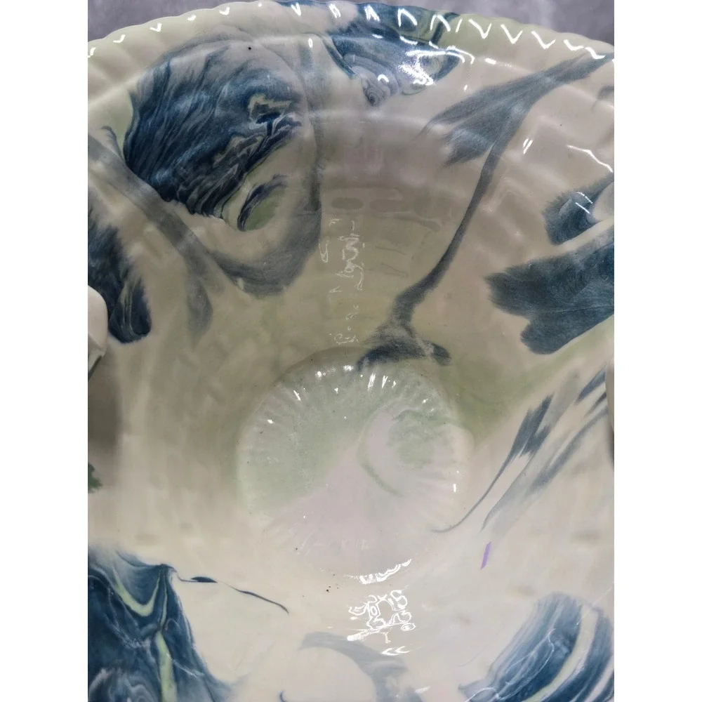 Vintage Signed Ceramic Marbled Blue Green Swirl Woven Basket Twisted Handle